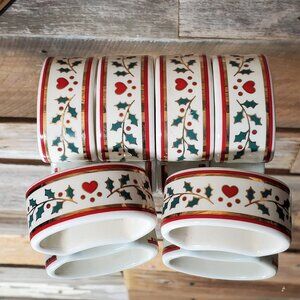Porcelain Christmas Napkin Rings by Crowning Touch - Hearts, Holly, 24K Gold